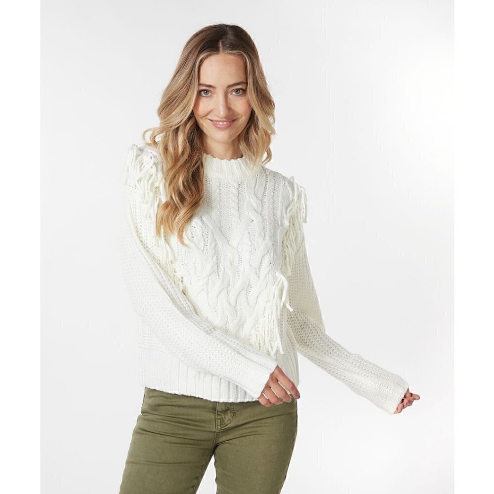 NWT ESQUALO White Fringe Cable Knit Sweater - Picture 5 of 9